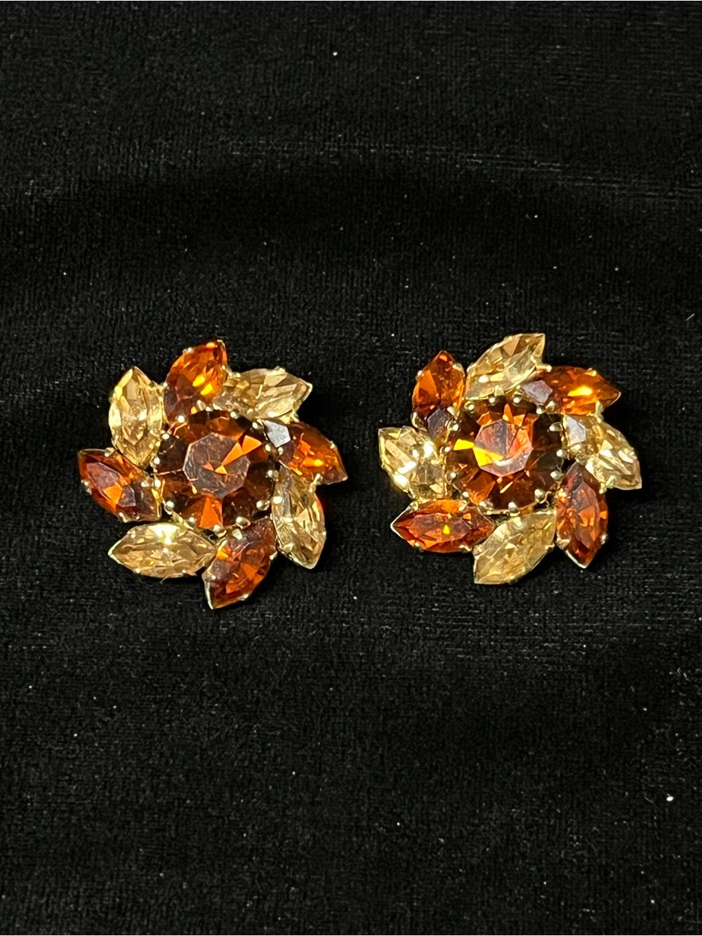Austrian Gold and Amber Crystal Floral Clip-On Earrings 1732